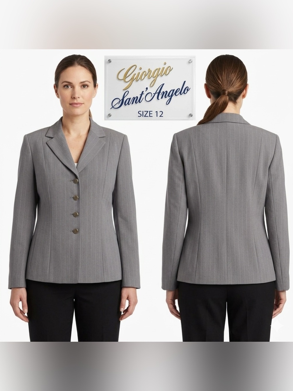 Giorgio Sant’ Angelo Gray Pinstripe Silver Button Shoulder Pad Blazer 12